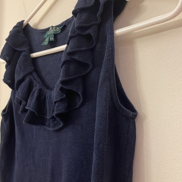 100% Silk Lauren Ralph Lauren Ruffle Sleeveless Tank Top PM EUC Navy Blue CUTE - Picture 6 of 15